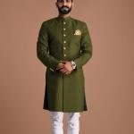 Battle Green Color Maharaja Style Achkan | Regal Ethnic Wear | Jaipurio